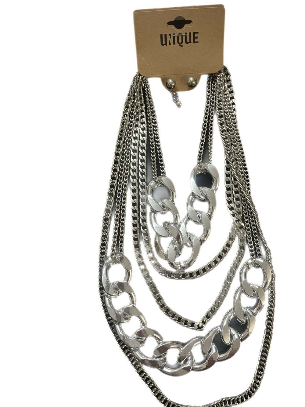 Unique Silver Tone Multi-Layer Chunky Chain Statement Necklace